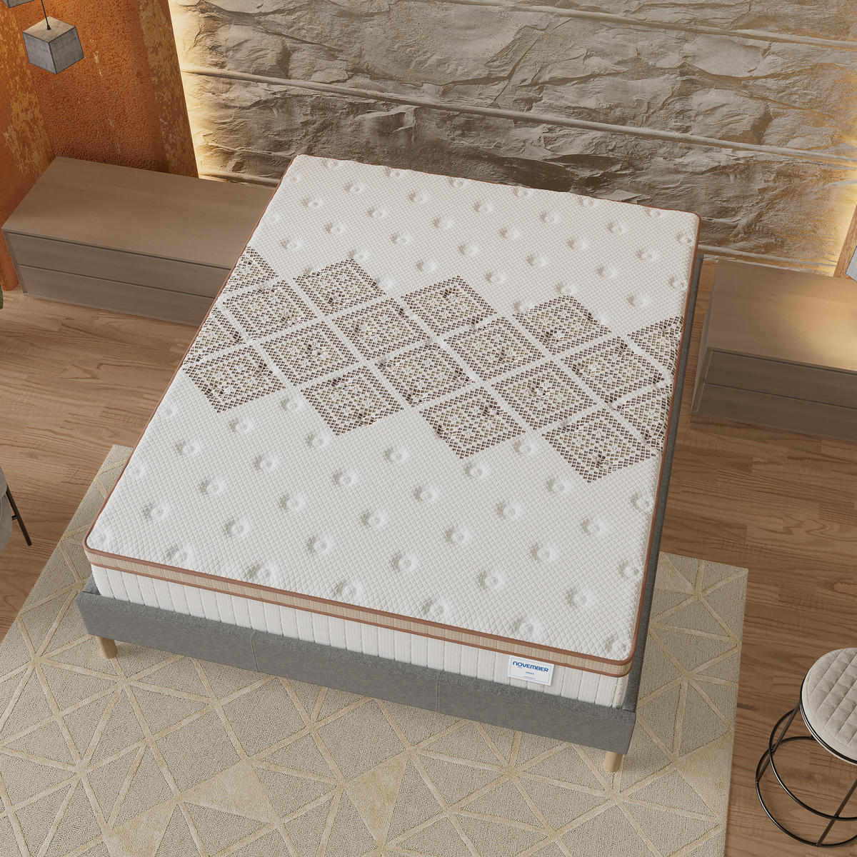 BETT und MATRATZE - 180 x 200 cm - Taschenfederkern - 28cm dick - Grau, Naturmaterialien/Eichenholz (180/200cm) - November Sleep