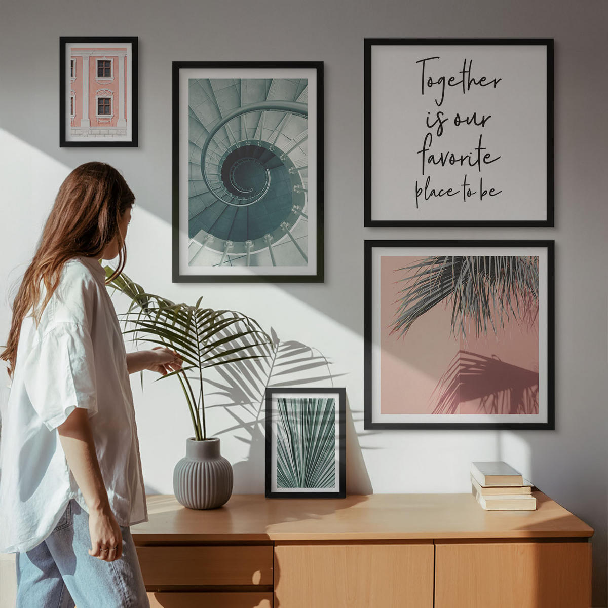 BILDER SET 5er Set - 50x50 cm & 20x30 cm & 40x60 cm Schwarzer Rahmen - Architektur-Pastellmuster - Schwarz, Kunststoff (40/60cm) - TULUP