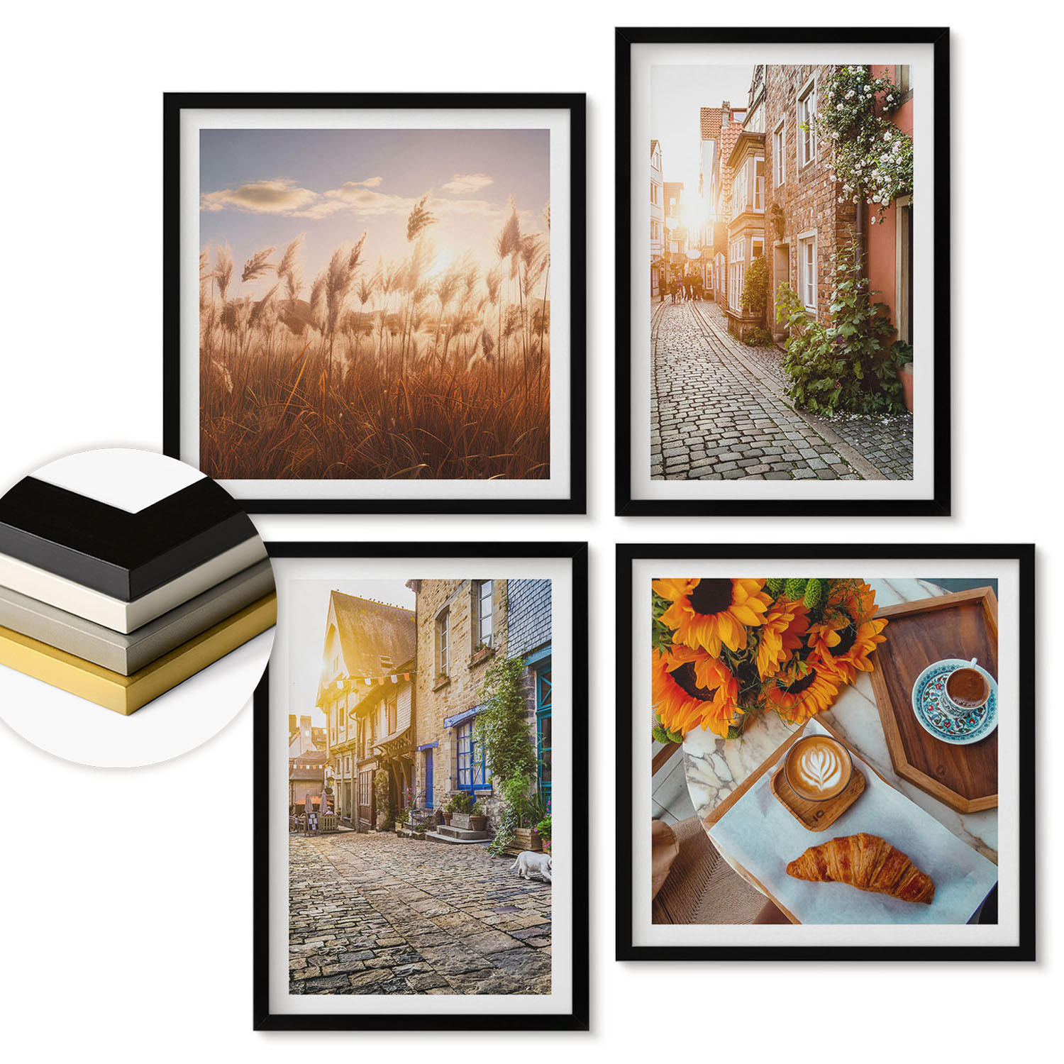 WANDBILDER 4er-Set - 50x50 cm & 40x60 cm Schwarzer Rahmen - Charmante Straßen mit Kaffee - Schwarz, Kunststoff (50/50cm) - ArtPrintCave