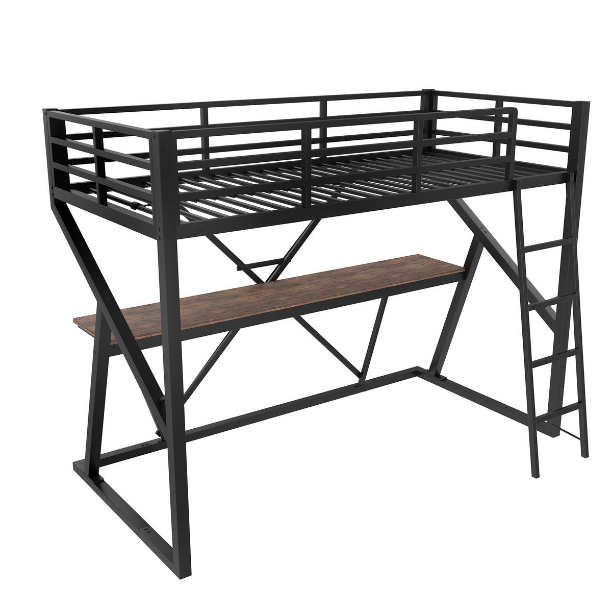 HOCHBETT 90/200 cm mit LED-Leiste, Schreibtisch, Geländer und Leiter, Metall, Schwarz - Schwarz, Metall (90/200cm) - Redom