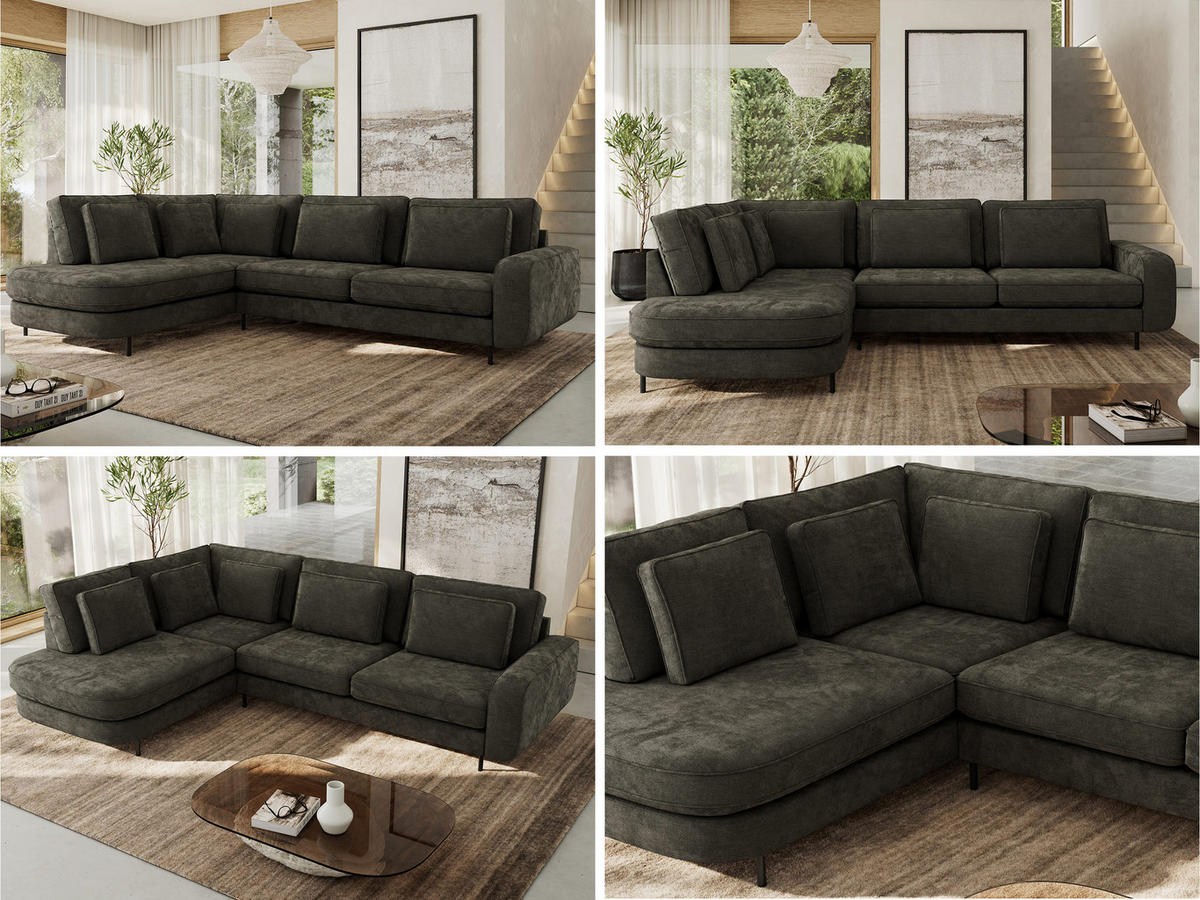 ROHOVÁ SEDAČKA CALENO L - Tmavě šedá Hrubě tkaná žinylka - Pravá Strana - černá/tmavě šedá, kov/textil (317/225cm) - MKS