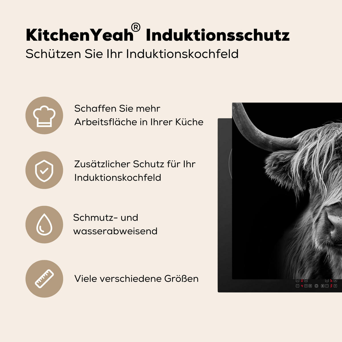HERDABDECKPLATTE Schottischer Highlander - Hörner - Schwarz - Weiß - Kuh - Wild - Tiere Herdabdeckung Induktionsfeld 65x52 cm - Schwarz, Kunststoff (65/52/0.2cm) - MuchoWow