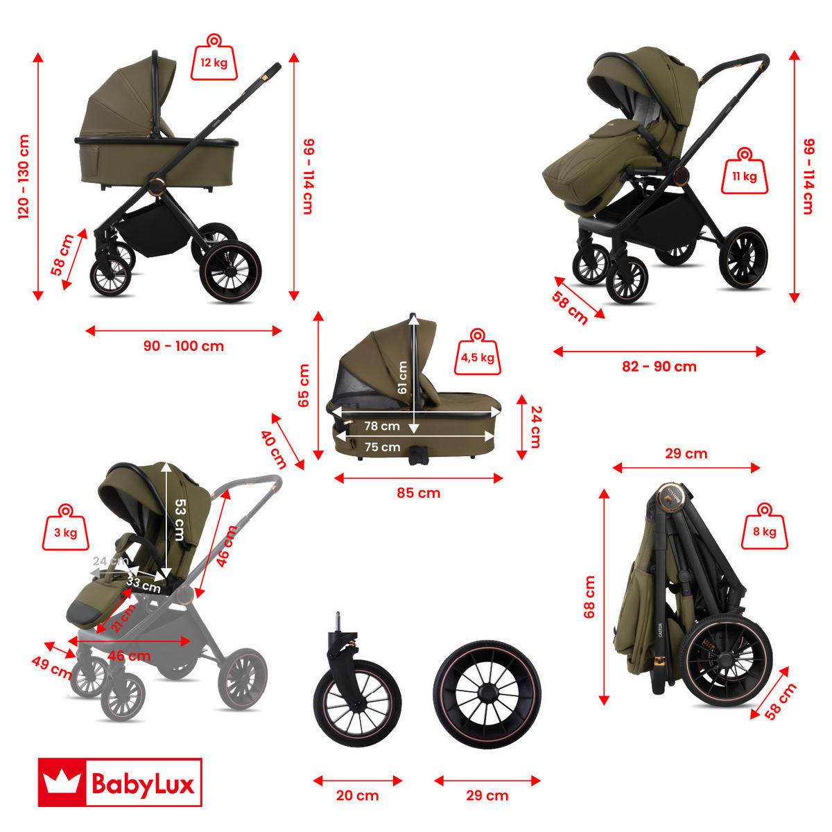 KINDERWAGEN Castor 4in1 Olive Babywanne, Reisebuggy, Autositz, Isofix Basis - Schwarz/Olivgrün, Textil/Metall (58/98cm) - BabyLux