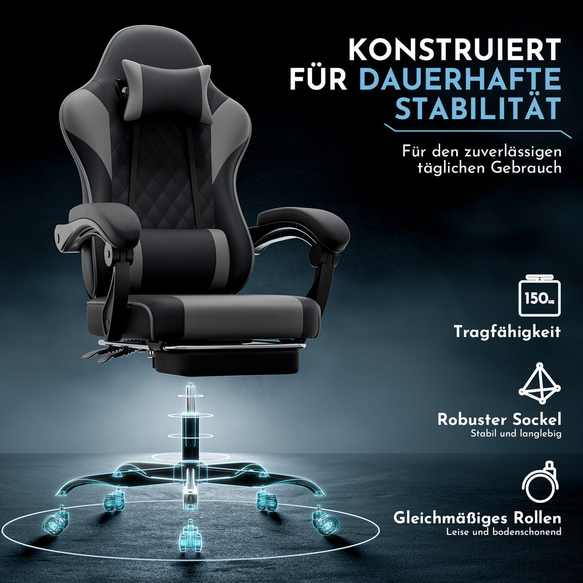 GAMINGSTUHL DE-40998 mit Lordosenstütze und Fußstütze Schwarz/Grau - Grau, Metall (58.5/120.5/63cm) - ComfortXL