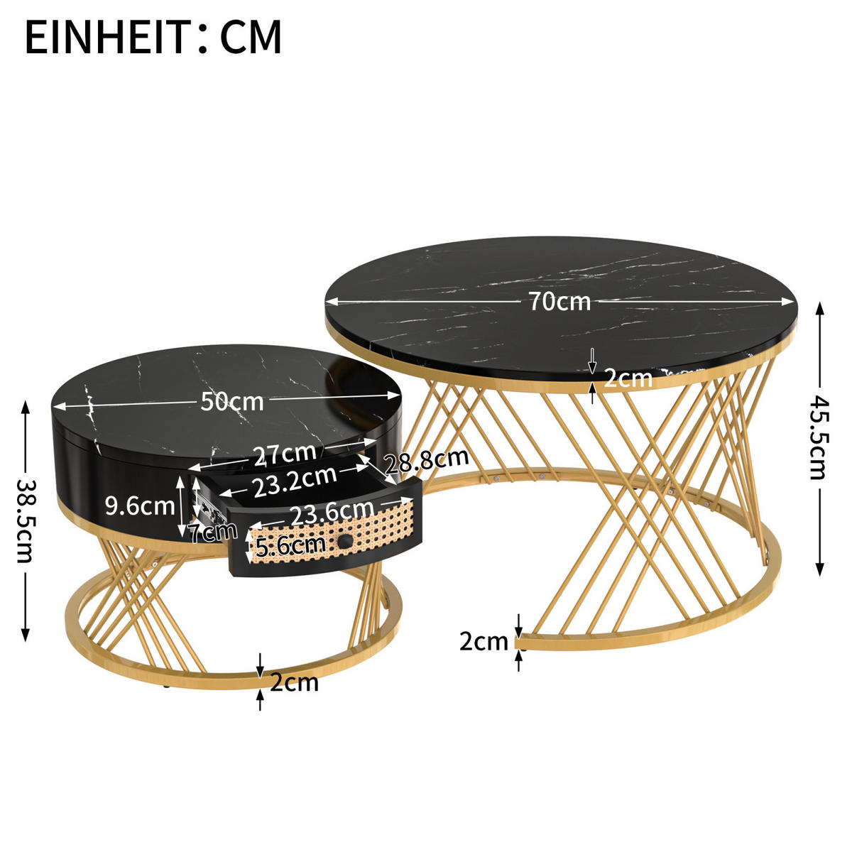 COUCHTISCH-SET Schwarz Gold mit Rattan-Schublade - Schwarz, Metall (70/70/45cm)