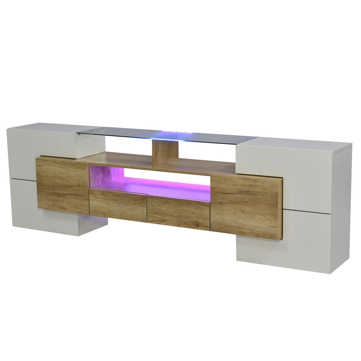 LOWBOARD TV-Schrank Hochglanz Weiß Holzoptik mit 6 Türen 2 Schubladen LED Glas MDF modern groß Stauraum - Naturfarben/Weiß, Glas/Holzwerkstoff (200/60/30cm) - EVRYAE