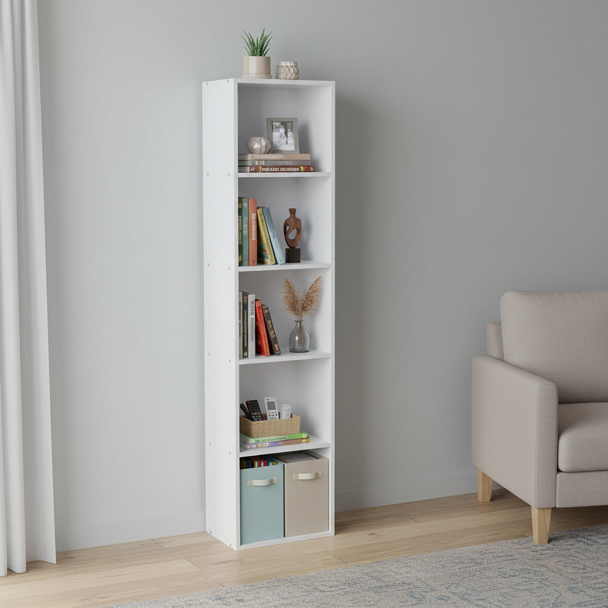 BÜCHERREGAL - Weiß, Holzwerkstoff/Textil (32/132/24cm) - Relaxdays