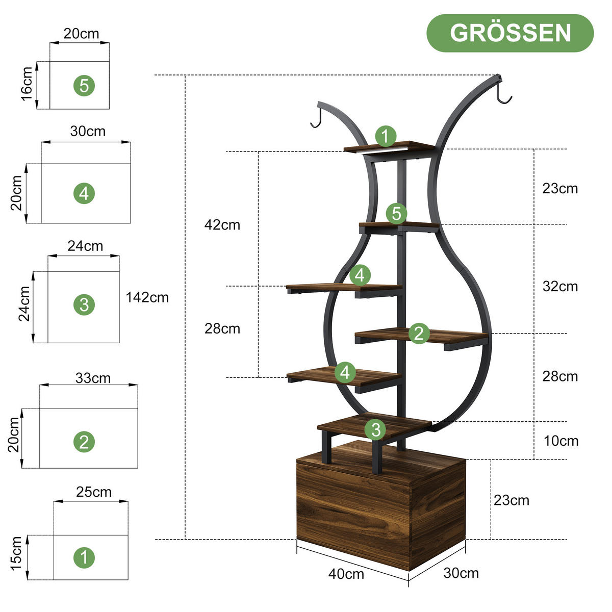 PFLANZENREGAL, Wachstumslicht, Haken, Tigerholzoptik, Metallrahmen, braun - Braun, Metall (40/142/30cm) - EuroLiving