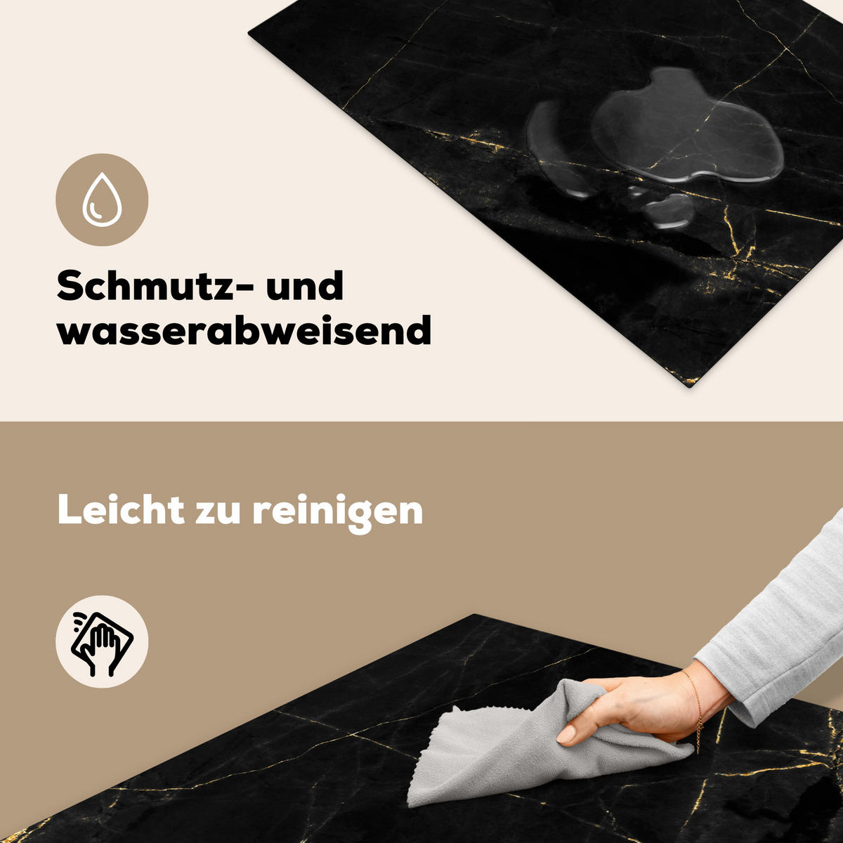HERDABDECKPLATTE Marmor - Schwarz - Gold - Chic - Marmoroptik - Design Induktionsmatte 77x51 cm - Schwarz, Kunststoff (77/51/0.2cm) - MuchoWow