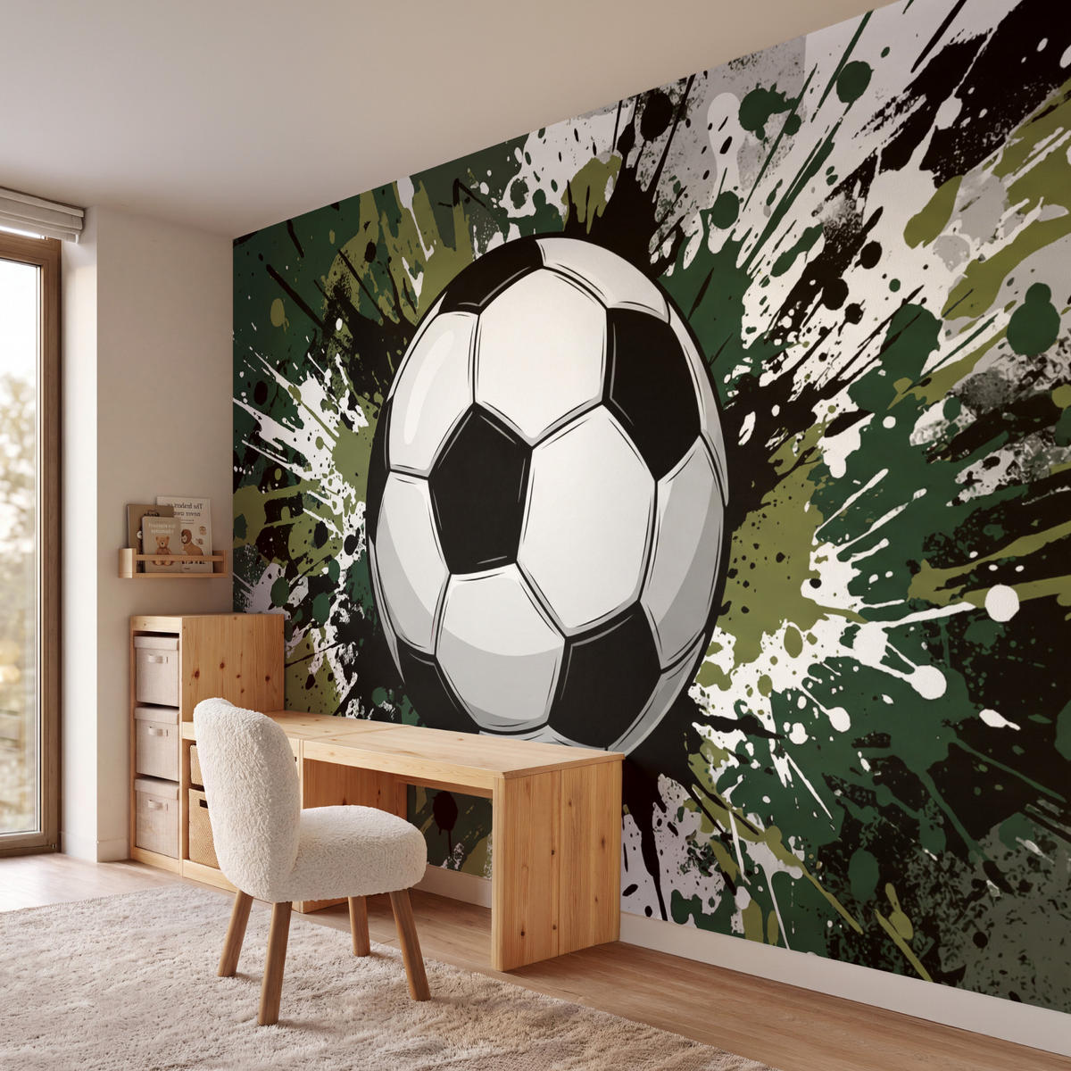 KINDERTAPETE - Fußball - Farbe - Spritzer - Grün - 350x240 cm - Dunkelgrün, Papier (350/240cm) - OnlyWow