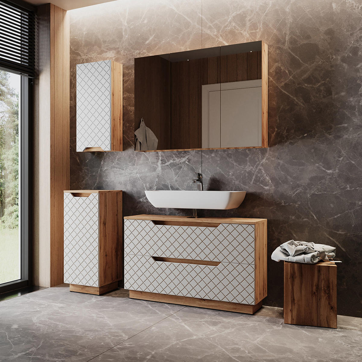 BADMÖBEL-SET Lotta Eiche/Weiß mit Kachelstruktur 4 Teile - Eichefarben/Weiß, Holzwerkstoff (99.4/62.5/32cm) - Vicco