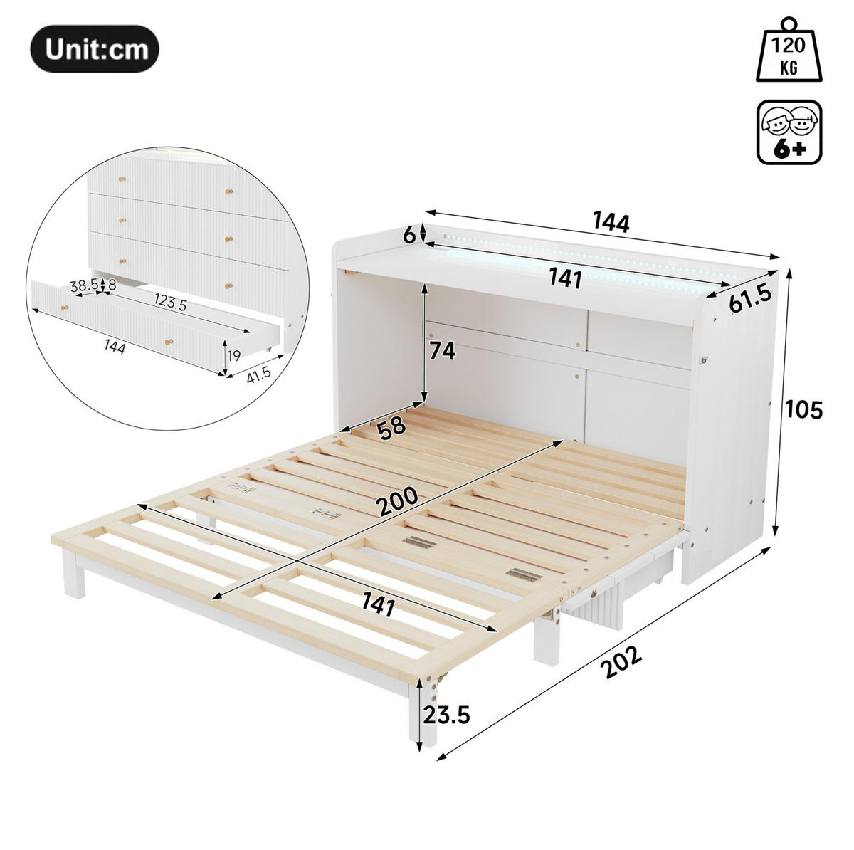 SKLÁPĚCÍ postel 140/200 cm bílá z MDF s LED osvětlením USB a zásuvkou - bílá, kompozitní dřevo (140/200cm) - OKWISH