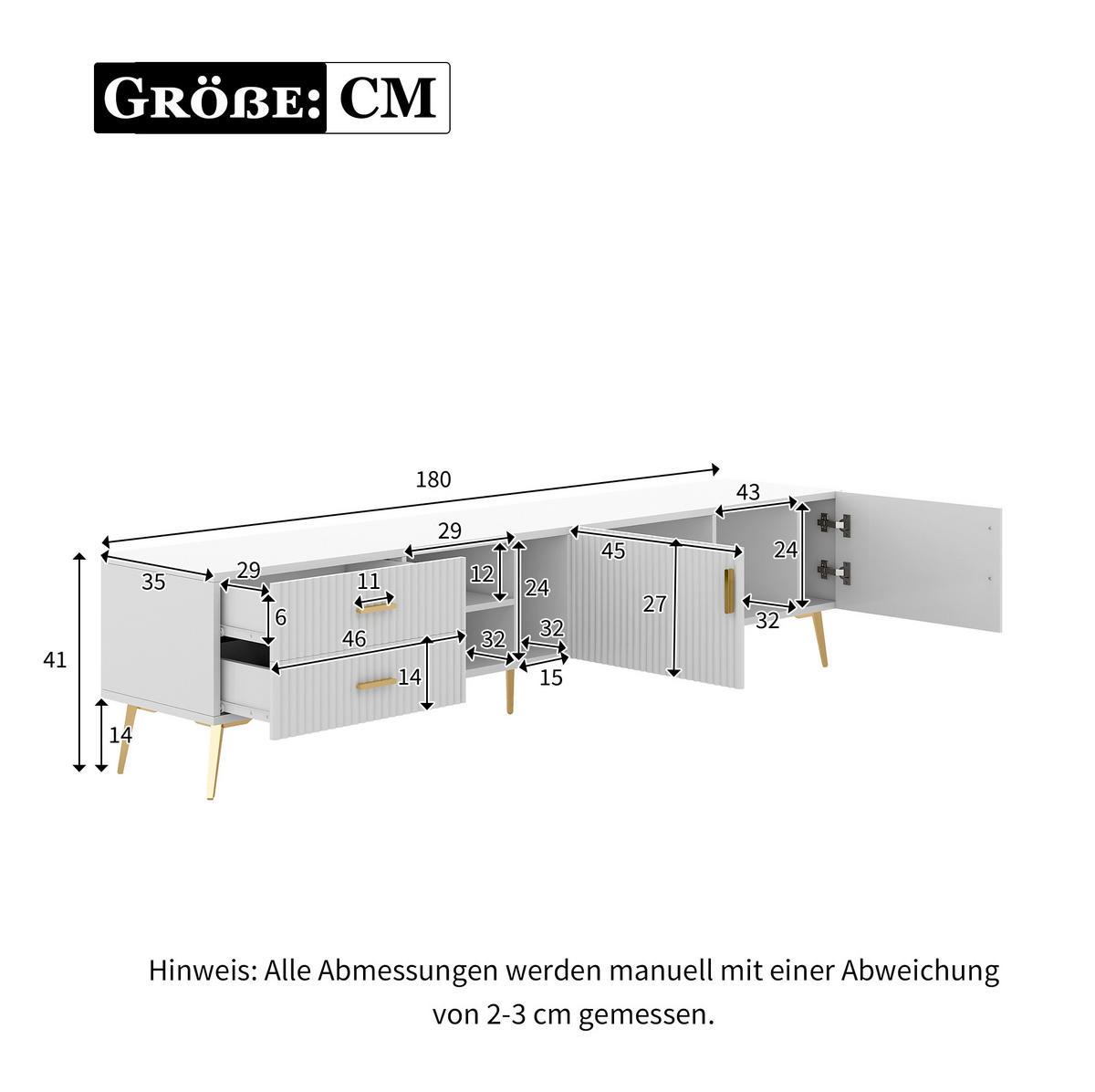 TV-LOWBOARD aus MDF 180x35x41 cm Weiß mit 2 Schubladen und Stauraum - Weiß, Holzwerkstoff (180/44/35cm) - IVMEU