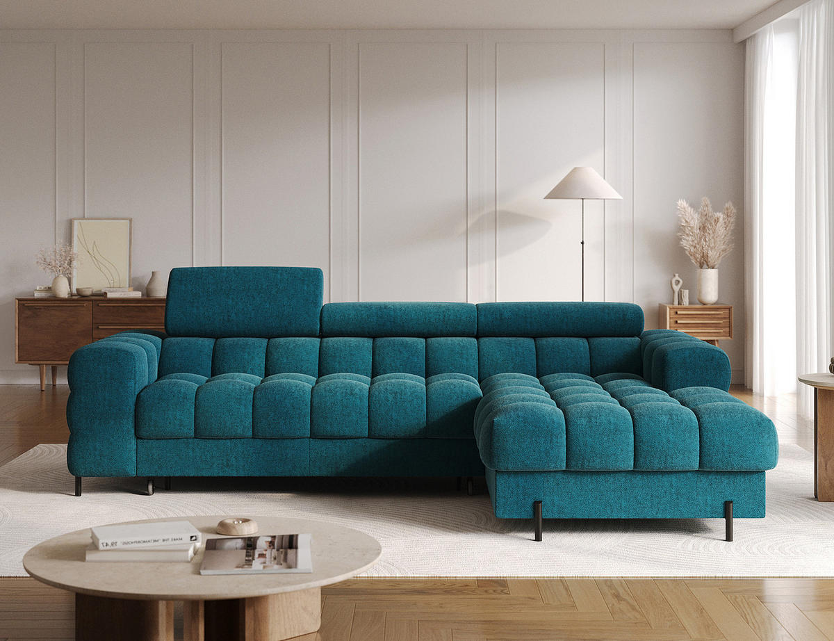 ECKSOFA FELRO mit Schlaffunktion, Bettkasten & verstellbaren Kopfstützen – Modernes Premium-Ecksofa in L-Form - Blau, Kunststoff (181/285cm) - Wohnideebilder