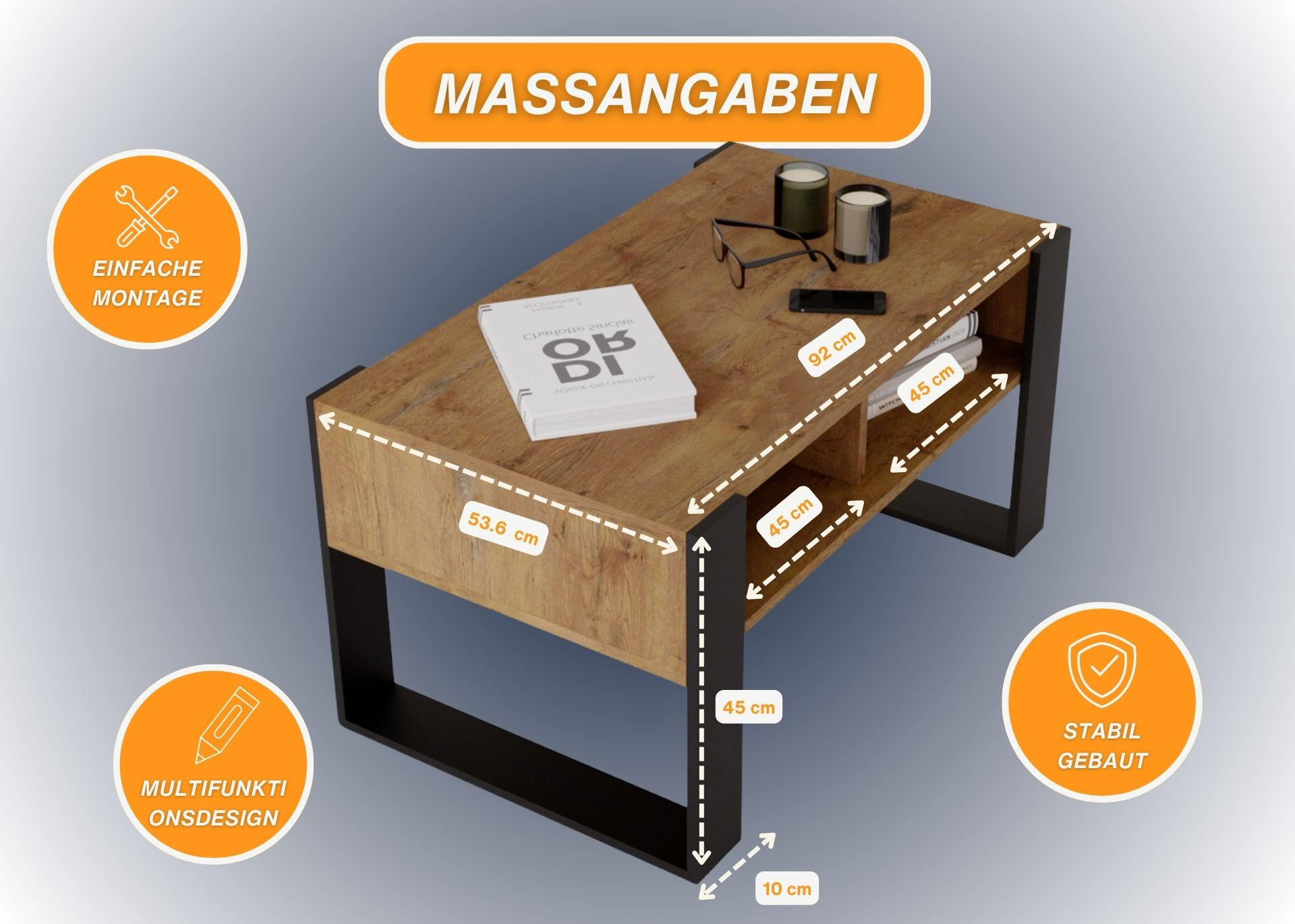COUCHTISCH Holzwerkstoff rechteckig stabil Nussbaumfarben 45/53,6/92cm - Nussbaumfarben/Schwarz, Holzwerkstoff (53.6/92/45cm) - CraftPAK