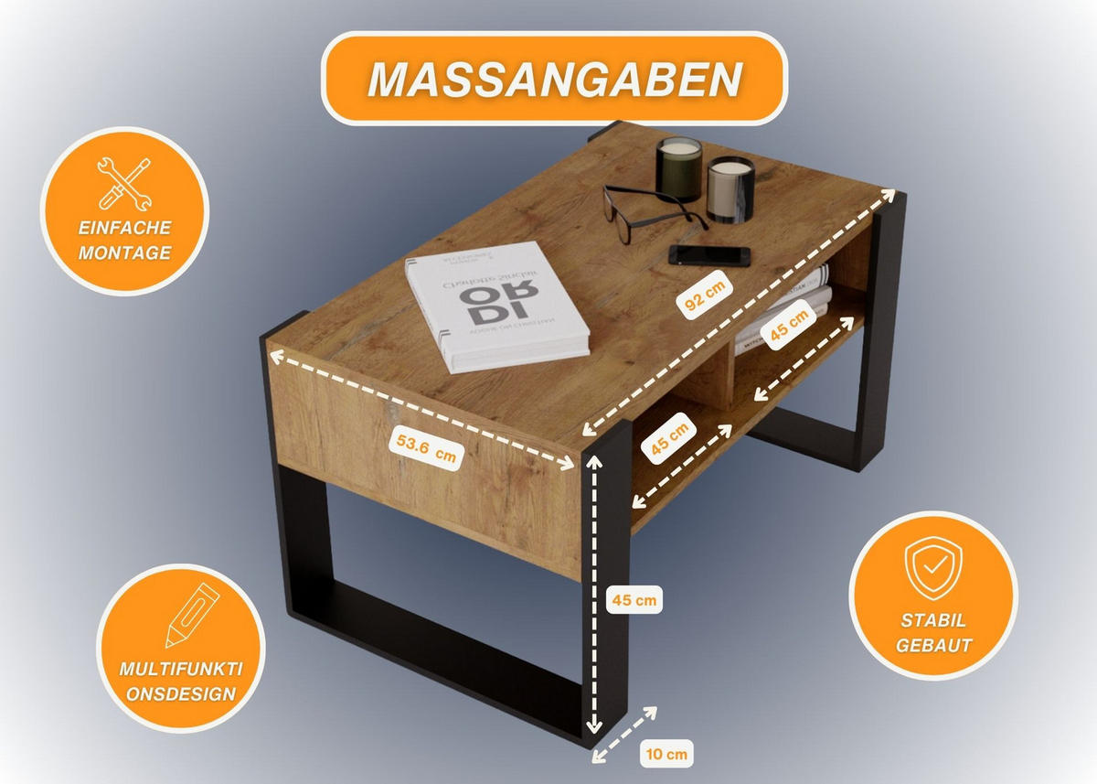 COUCHTISCH Holzwerkstoff rechteckig stabil Nussbaumfarben 45/53,6/92cm - Nussbaumfarben/Schwarz, Holzwerkstoff (53.6/92/45cm) - CraftPAK