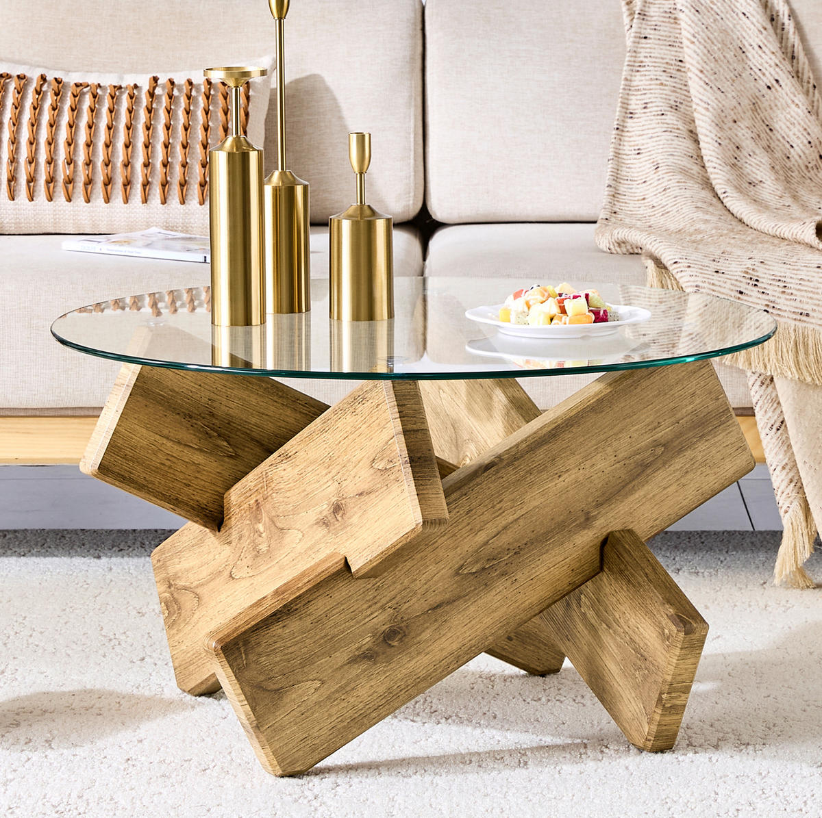 KLUBSKA miza MDF/steklo, premer 79 cm prozorna/barva lesa - prozorna, leseni material (79/79/45cm) - BEAOK