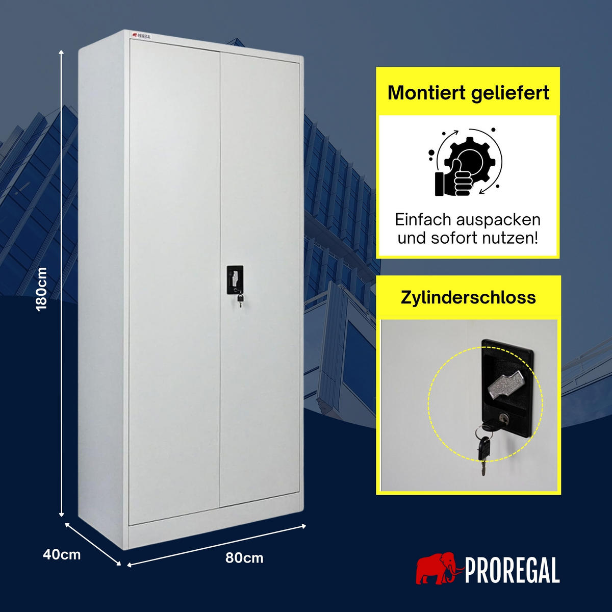 FLÜGELTÜRENSCHRANK Elephant komplett montiert 180x80x40cm 6 Fächern & Kleiderstange Lichtgrau - Hellgrau, Metall (80/180/40cm) - PROREGAL