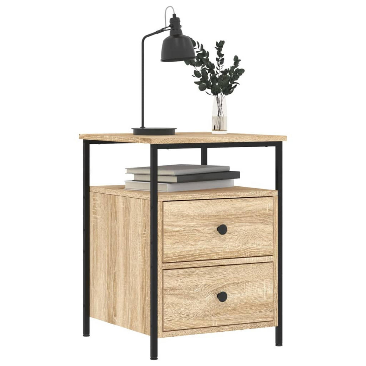 NACHTTISCH 2-teilig mit 2 Schubladen 44/45/60 cm aus Holzwerkstoff in Sonoma-Eiche Dekor - Schwarz/Sonoma Eiche, Holz/Metall (44/60/45cm) - vidaXL