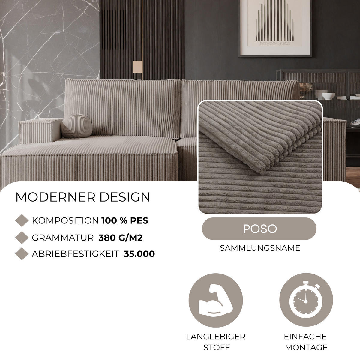 ECKSOFA HUGO Rechts, mit Schlaffunktion und Bettkasten, Beige - Beige, Textil (255/148cm) - Idohome