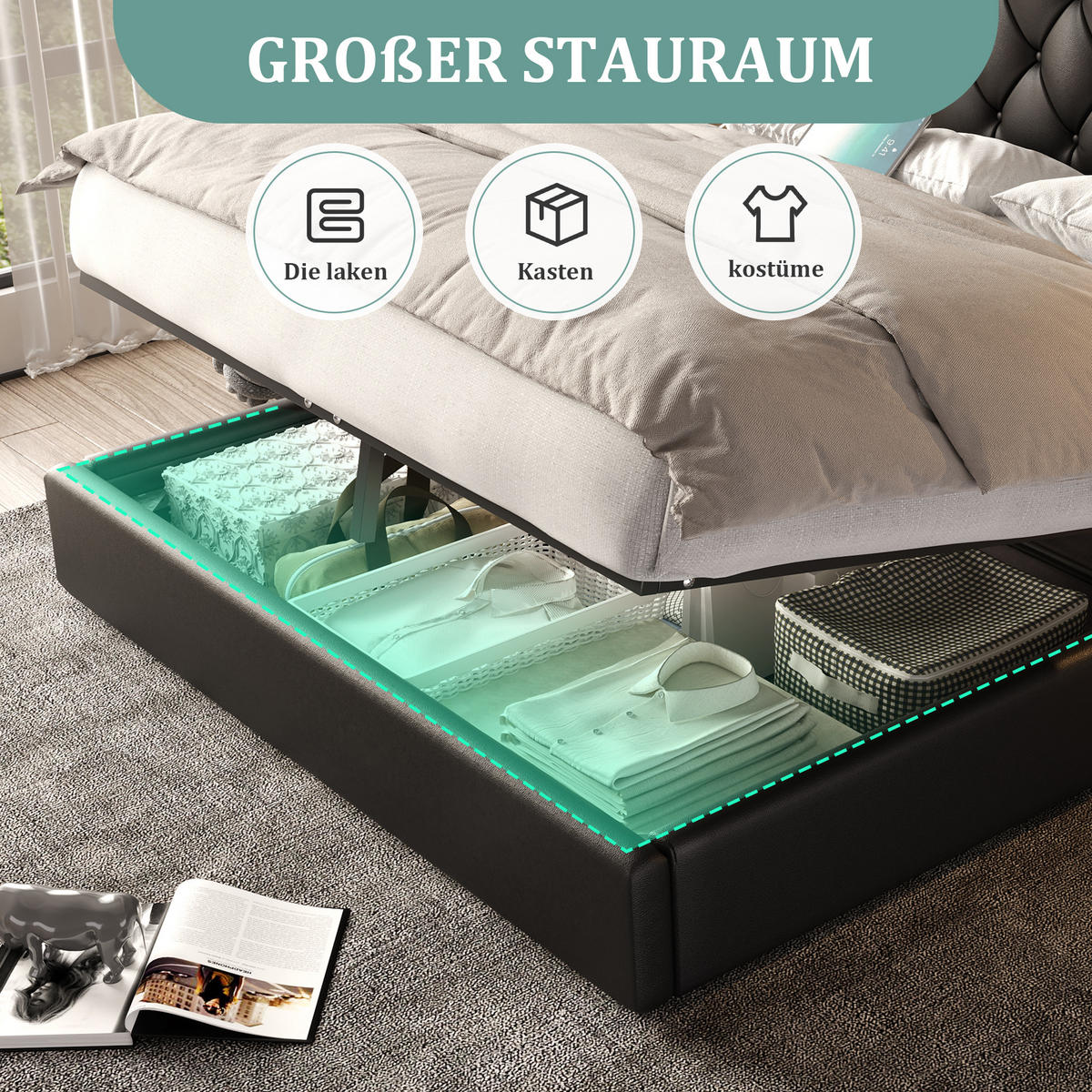 POLSTERBETT 180x200 cm USB Stauraum schwarz - Schwarz, Kunststoff (180/200cm) - LEBENLANG