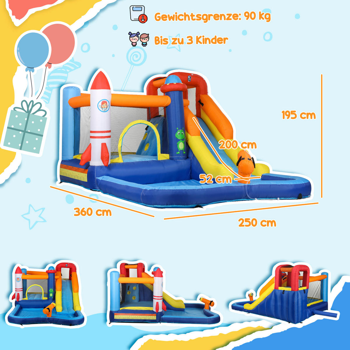 HÜPFBURG mit Gebläse, Rutsche, Planschbecken, Kletterwand, Sprung, Wasserkanone - Multicolor, Textil (360/250/195cm) - AIYAPLAY