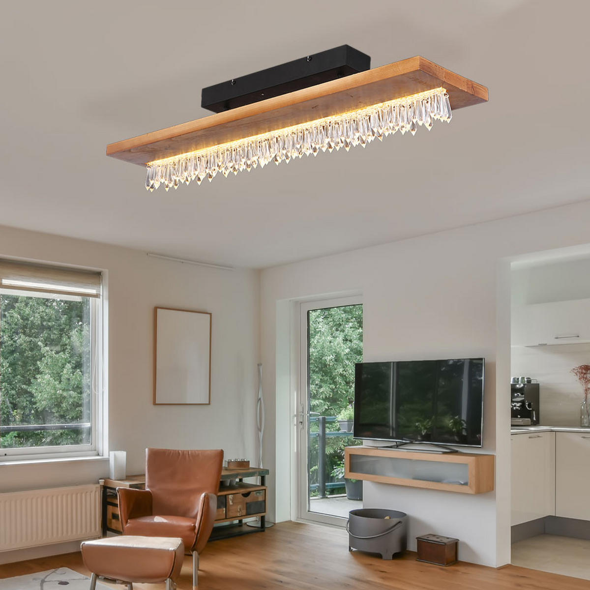 LED DECKENLEUCHTE Holz Braun Kristalldekor - Braun, Holz (80/20/19.5cm) - Globo Lighting
