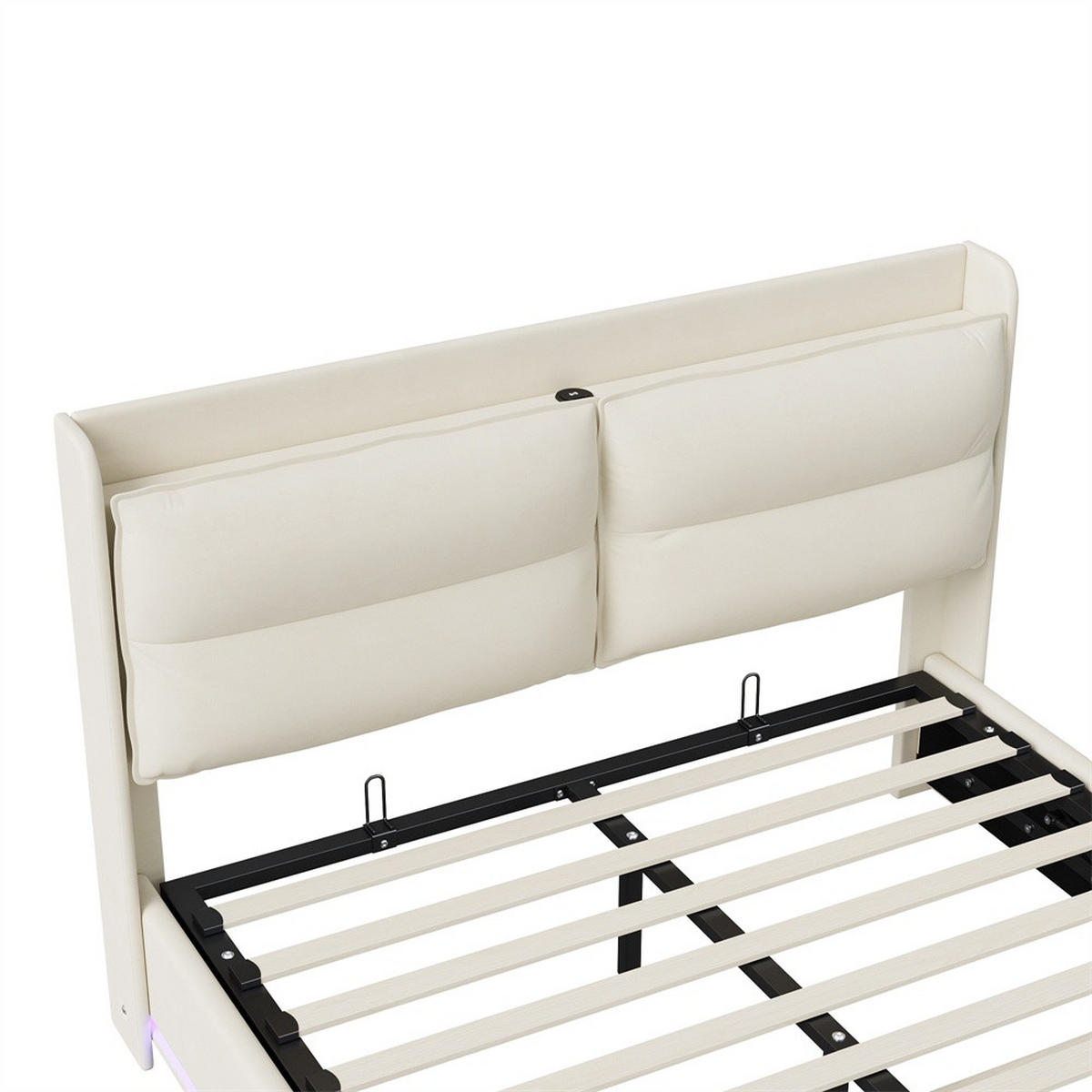 POLSTERBETT 140x200 cm - mit LED & Ladefunktion und hydraulischem Bettkasten - ohne Matratze - Off-White - Creme, Textil (140/200cm) - DELFA