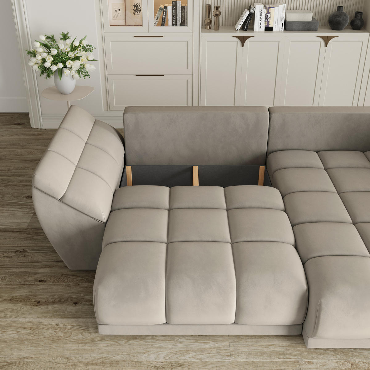 ECKSOFA ORENTI R-S Beige Velours-Stoff mit Schlaffunktion - Beige, Holz (287/182cm) - MASSENO