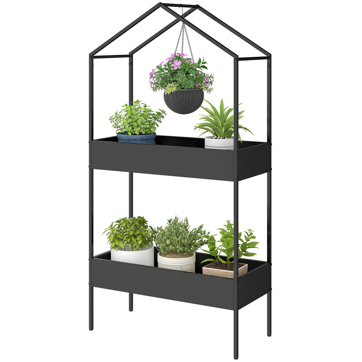 PFLANZENSTÄNDER DE-05404 2 Etagen, Hausform, mit Haken Schwarz - Schwarz, Metall (75/35/150cm) - ComfortXL