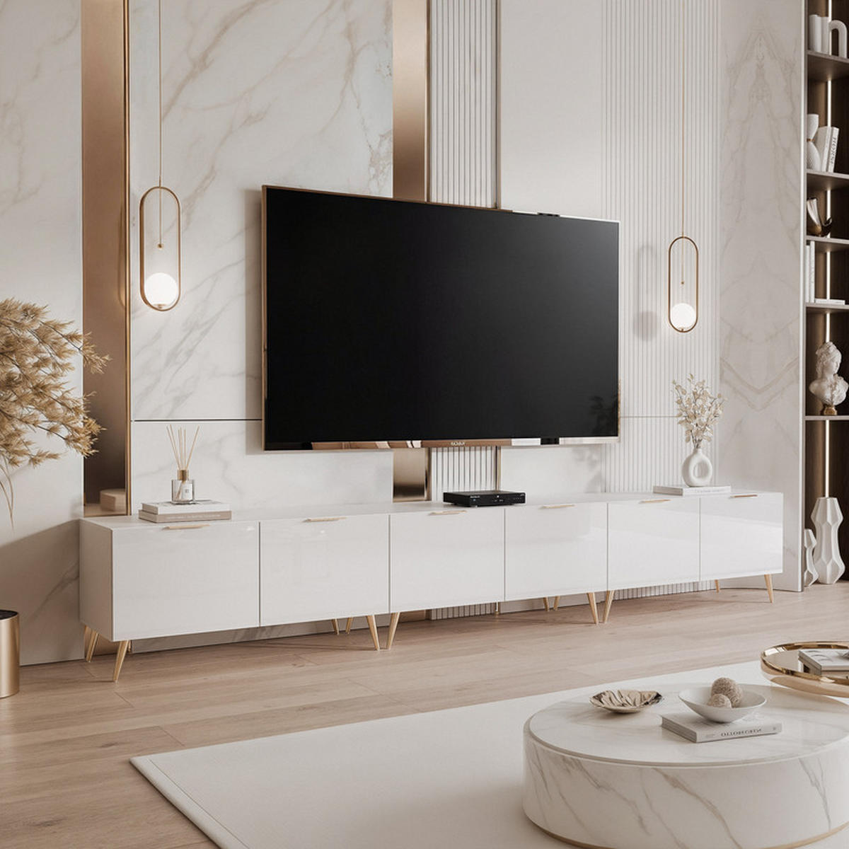 TV skříňka ANGEL 300 cm na nožkách s osvětlením BÍLÝ VYSOKÝ LESK - bílá, kompozitní dřevo (300/49/40cm) - Idohome