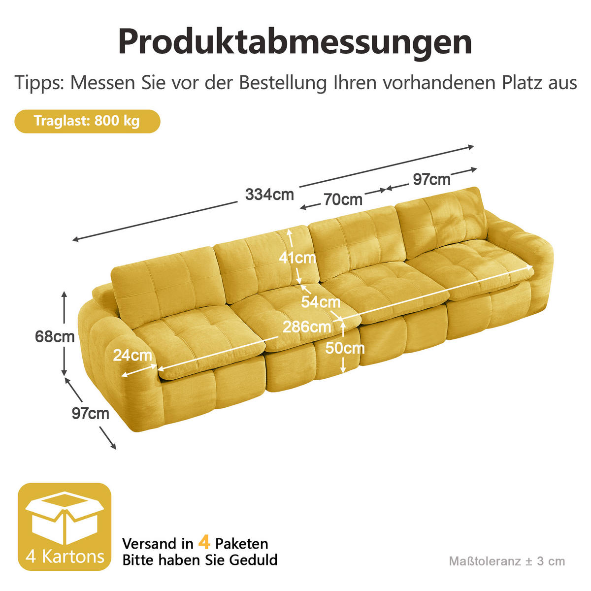 4-SITZER-SOFA DE-34464 Chenille-Bezug Gelb - Gelb, Textil (97/68/334cm) - ComfortXL