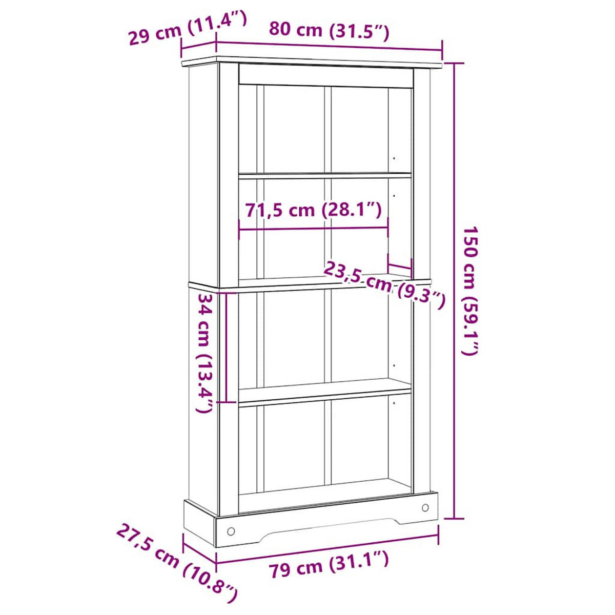 BÜCHERSCHRANK 4 Fächer Mexiko-Stil Kiefernholz 80/29/150 Cm - Braun, Holz (29/150/80cm) - vidaXL