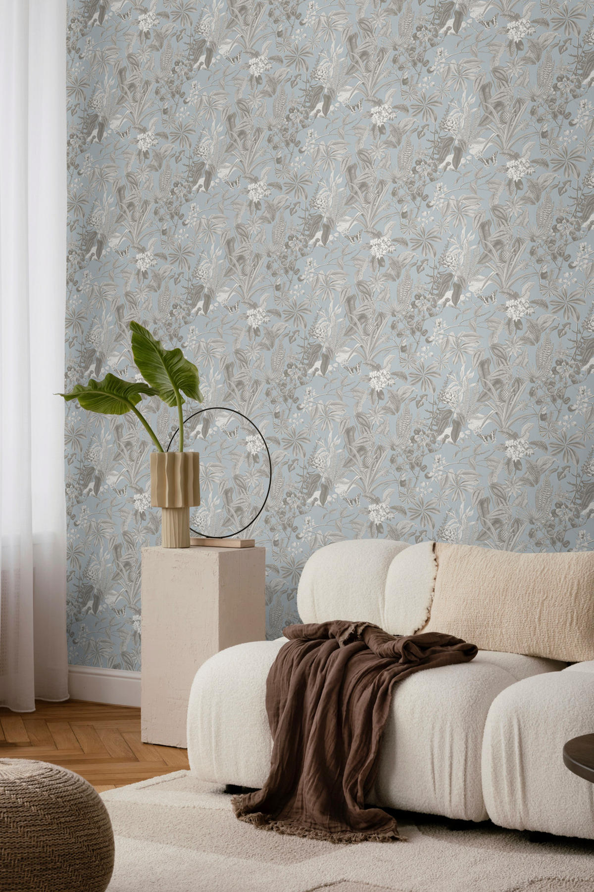TAPETE tropische Blätter und Blüten 53 cm x 10 m - Blau, Papier (53/1000cm) - Sanders & Sanders
