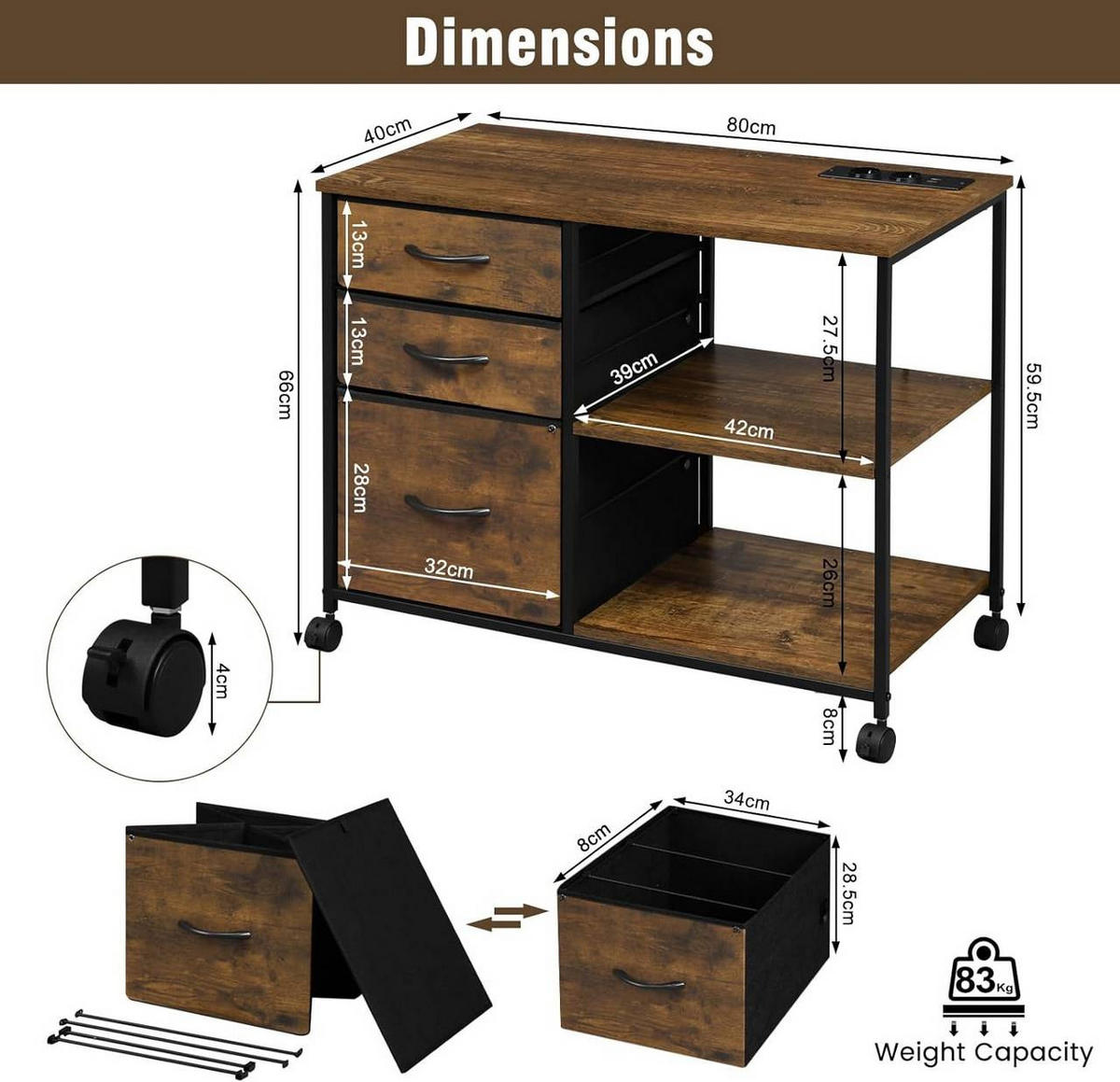 KONSOLENTISCH mit Ladestation,mit Rolle, Holzoptik - Schwarz/Teakfarben, Holzwerkstoff/Textil (40/80/66cm) - Woltu