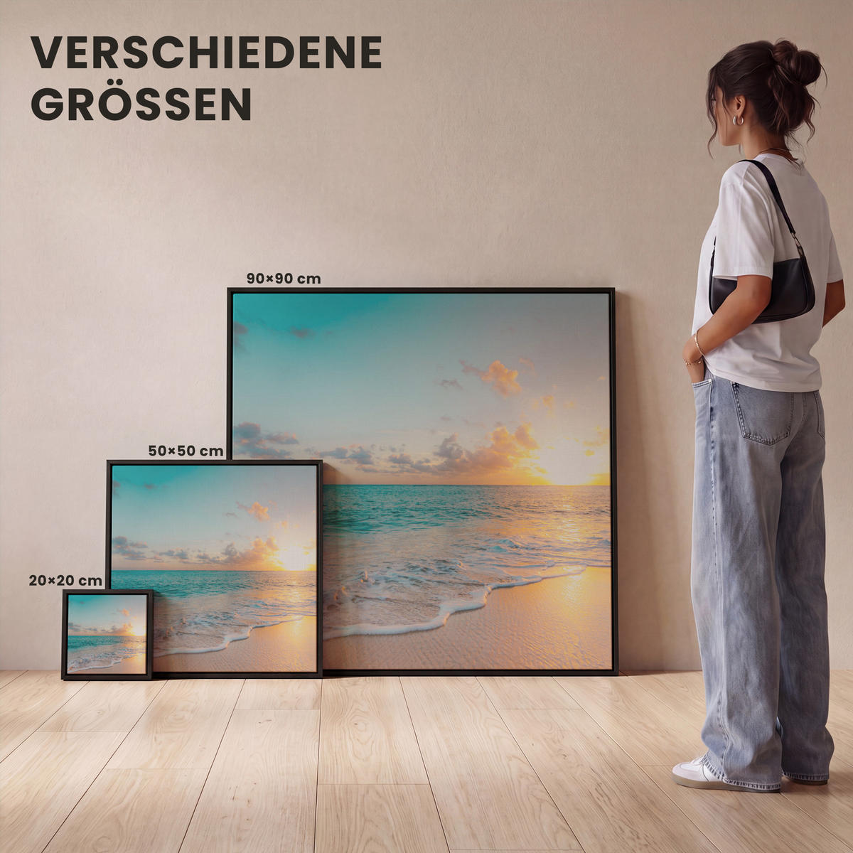 LEINWAND Bilder mit Rahmen - Sonnenuntergang - Strand - Meer - Sommer - Blau - 20x20 - Multicolor, Textil (20/20cm) - MuchoWow