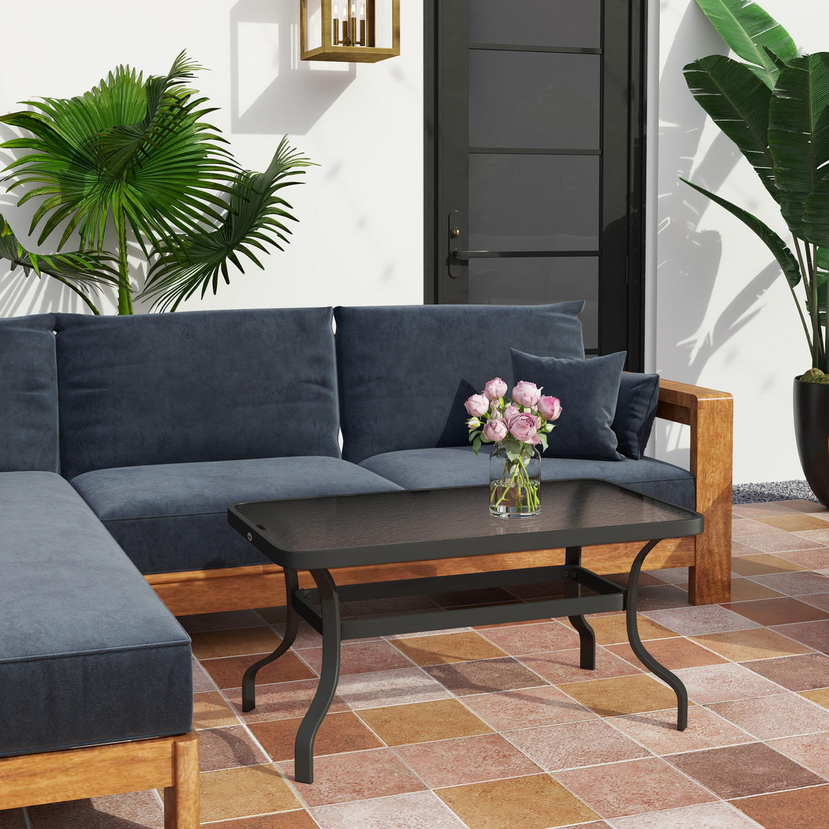 BEISTELLTISCH Hartglas Kaffeetisch Couchtisch mit Wellendesign Balkontisch - Schwarz, Metall (95/55/46cm) - Outsunny