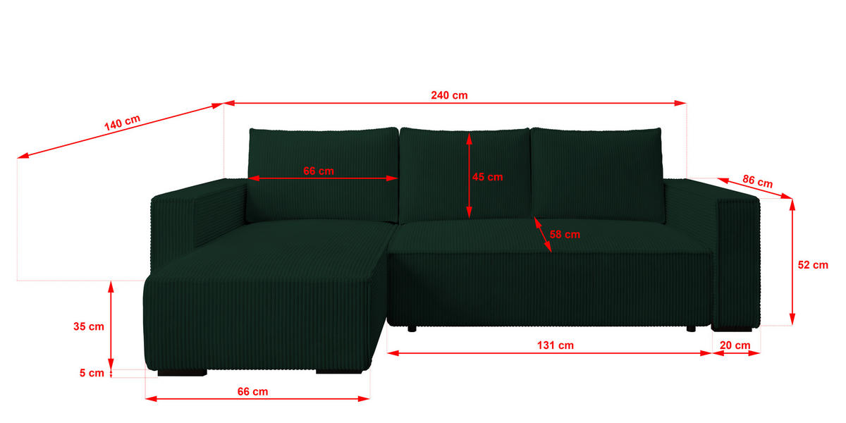 ECKSOFA CUDDY L, Eckcouch in L-Form mit Schlaffunktion und Bettkasten, Farbe: Grün, Cordstoff, Ottomane Links - Grün, Textil (240/140cm) - Storez24
