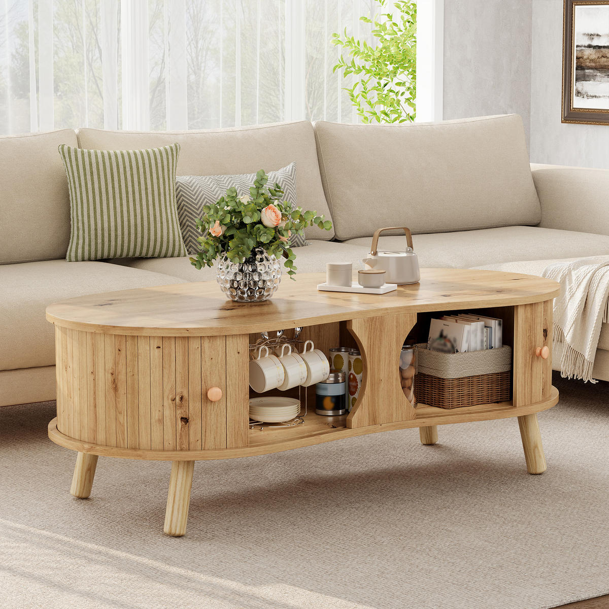 COUCHTISCH in Holzoptik Wohnzimmertisch mit Schiebetüren und Massivholzbeine, B108/T50/H37cm - Hellbraun/Naturfarben, Holzwerkstoff (50/108/37cm) - STILVORA