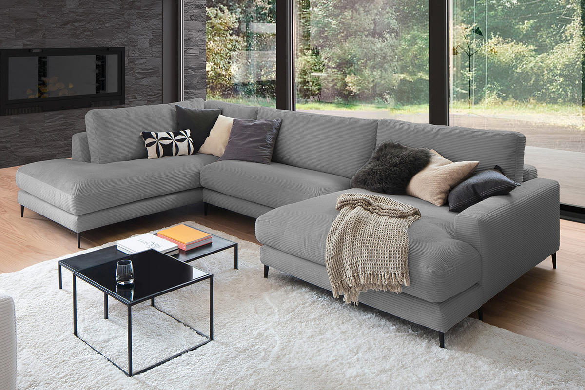 WOHNLANDSCHAFT CARA Grau Cord - Schwarz/Grau, Textil (341/84/223cm) - KAWOLA