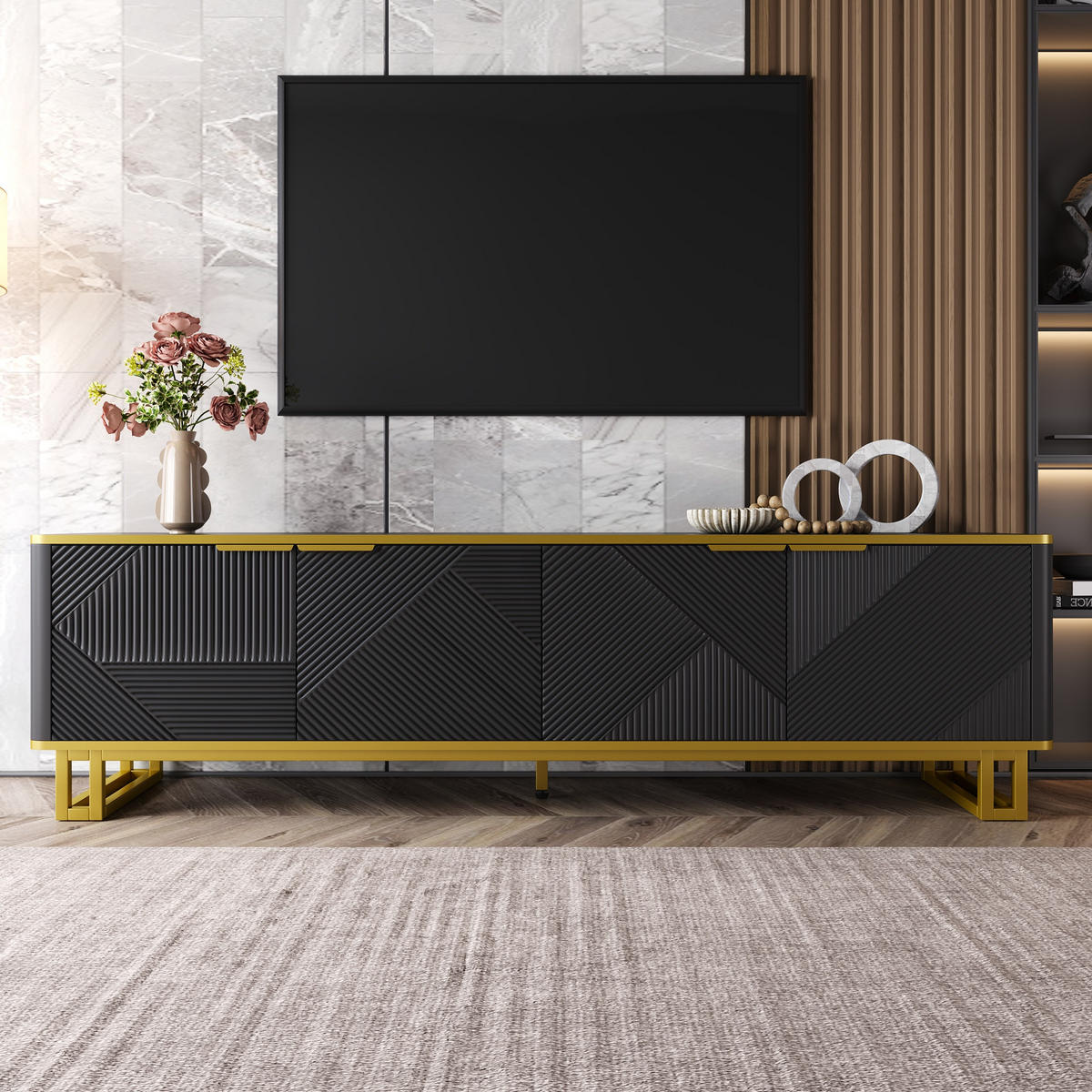 TV-SCHRANK 160cm 4 Türen geometrisch modern Stauraum - Schwarz, Holzwerkstoff (37.5/48/160cm) - FLIEKS