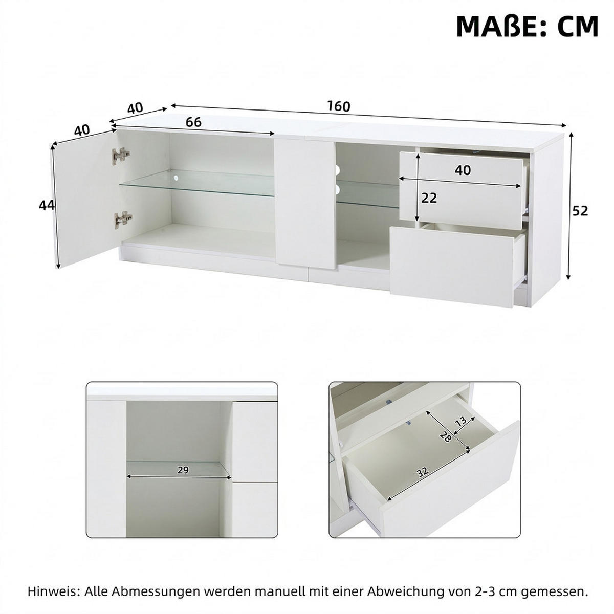 TV-SCHRANK 160/40/52 cm Weiß Hochglanz mit LED, 2 Schubladen und 1 Tür - Weiß, Holzwerkstoff (160/52/40cm) - Oxeza