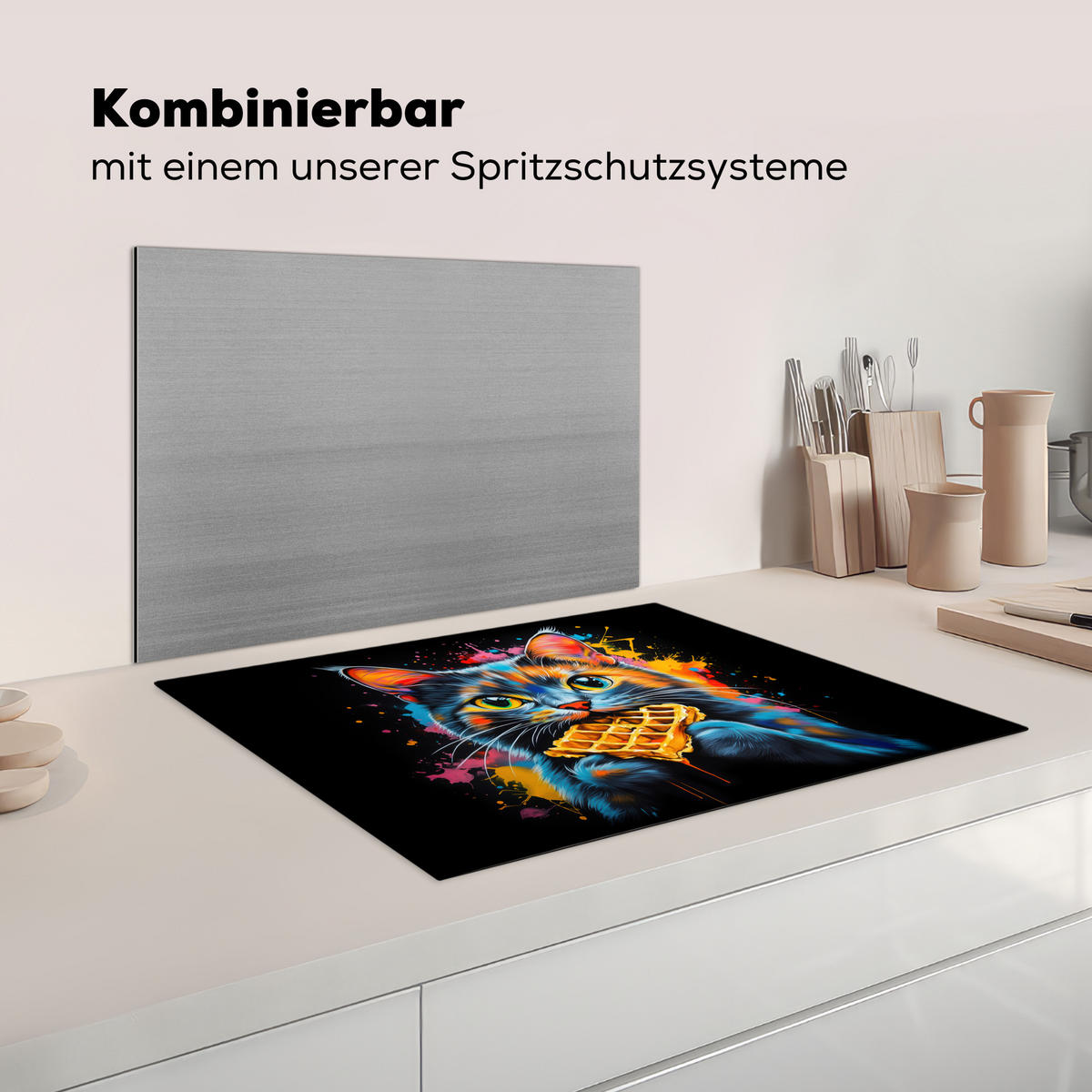 HERDABDECKPLATTE Katze - Graffiti - Bunt - Waffel - Essen Induktionsmatte 71x52 cm - Multicolor, Kunststoff (71/52/0.2cm) - MuchoWow