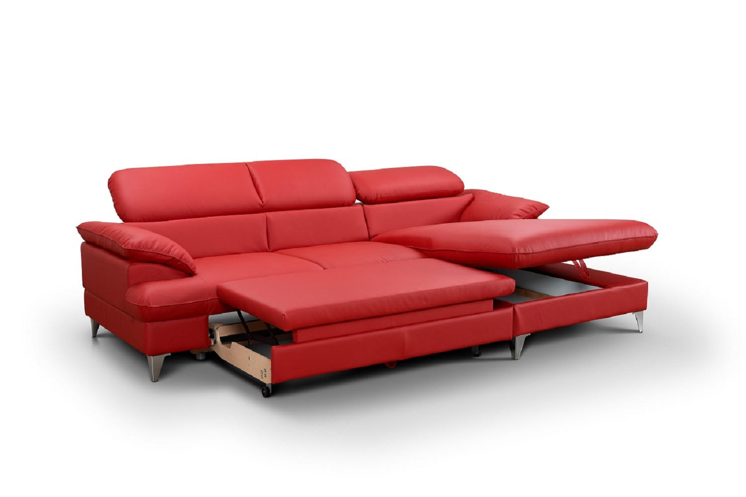 ECKSOFA mit Schlaffunktion und Bettkasten, verstellbare Kopfstützen - Chromfarben/Rot, Textil/Metall (167/254cm) - Cotta