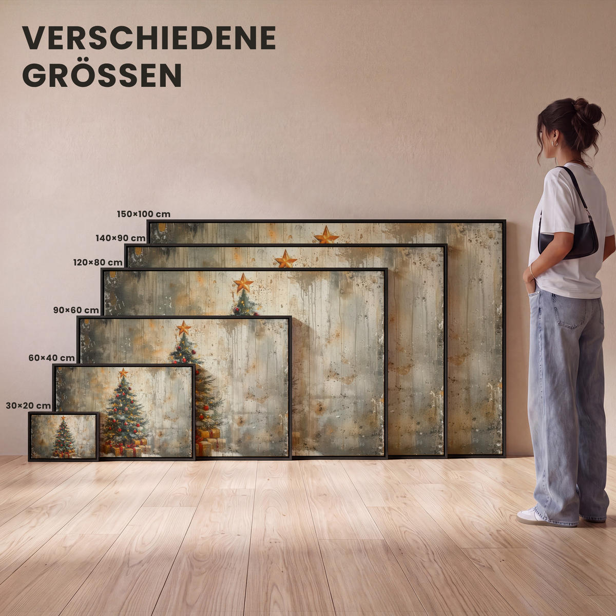LEINWAND Bilder mit Rahmen - Weihnachtsbaum - Vintage - Weihnachten - Geschenk - 30x20 - Rostfarben, Textil (30/20cm) - MuchoWow
