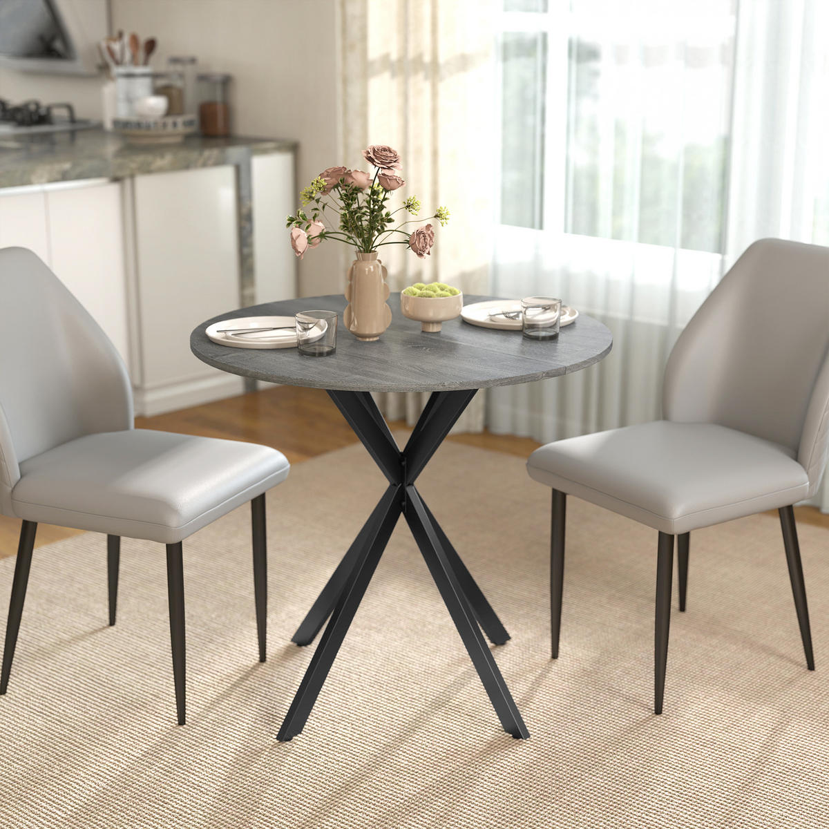 KÜCHENTISCH rund Grau 80/80/75 cm - Schwarz/Grau, Metall (80/80/75cm) - HOMCOM