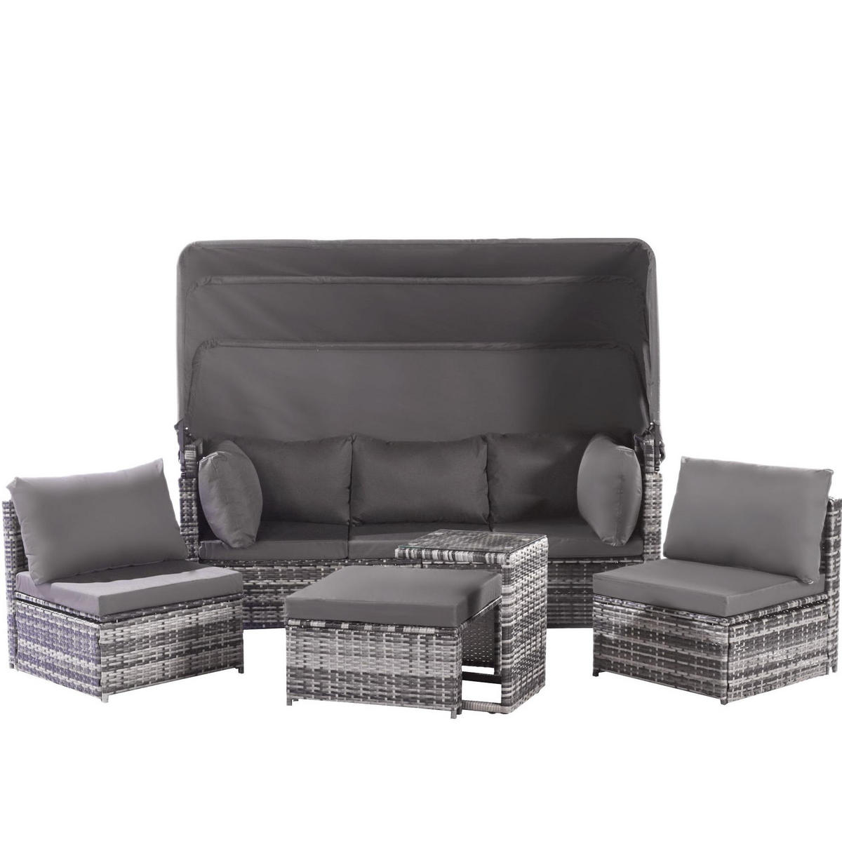 GARTENLOUNGE-SET 194/70/157 cm mit versenkbarem Sonnendach, modularen Elementen und Beistelltisch aus Polyrattan, Grau - Grau, Kunststoff - Redom