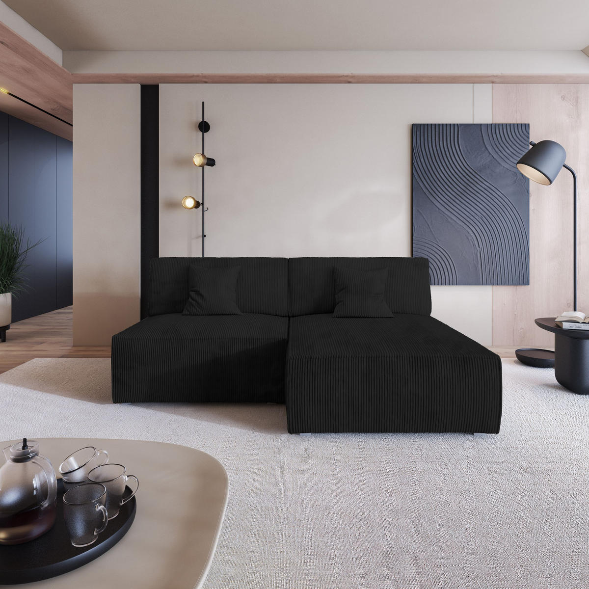 ROHOVÁ SEDAČKA FIORO černá - šedá/černá, dřevo/textil (204/148cm) - MASSENO