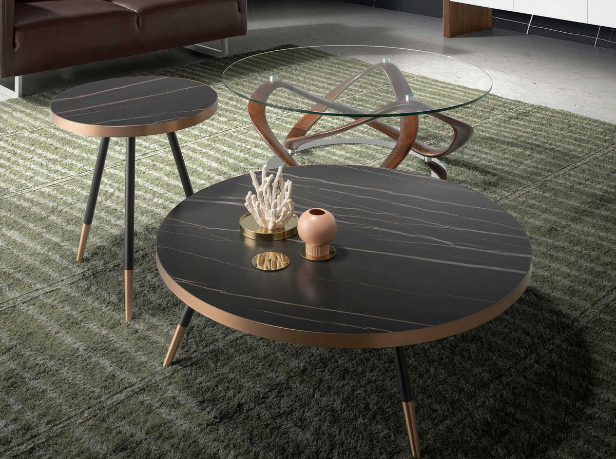 ECKTISCH Runder aus Porzellanmarmor und schwarzem Stahl Ø46/56 cm - Schwarz Hochglanz/Messingfarben, Stein/Metall (46/46/56cm) - ANGEL CERDA