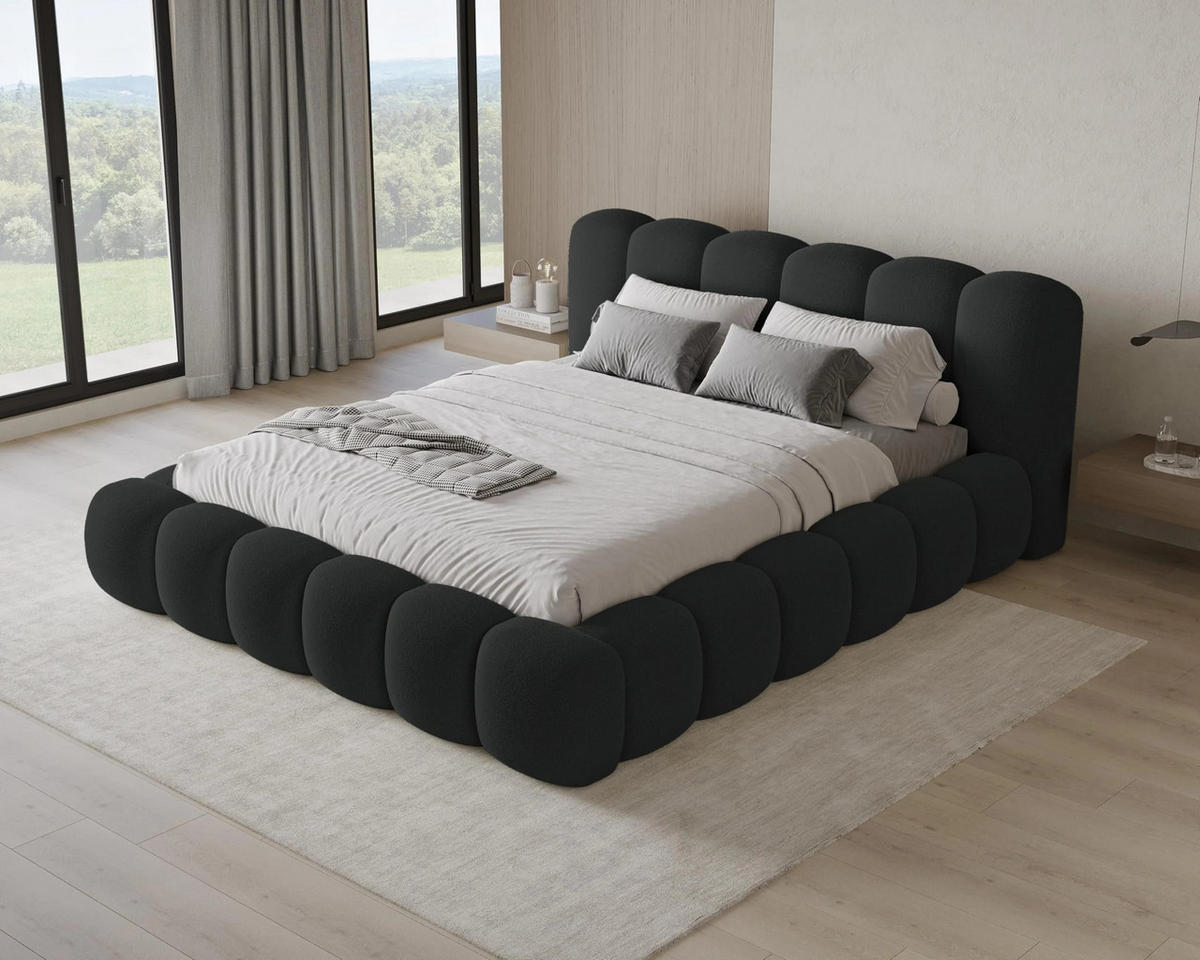 POLSTERBETT Stone 180x200 cm mit Bettkasten, Lattenrost und Kopfteil - Holzrahmen, Bouclé Schwarz - Schwarz, Holz (180/200cm) - Chilly